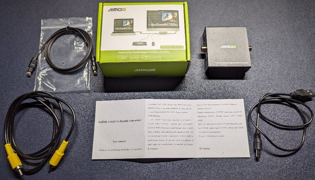 AIMOS AM-CT02 bidirectionele Toslink/coax-converter, Verzenden, Zo goed als nieuw, Minder dan 2 meter, Coaxiale kabel