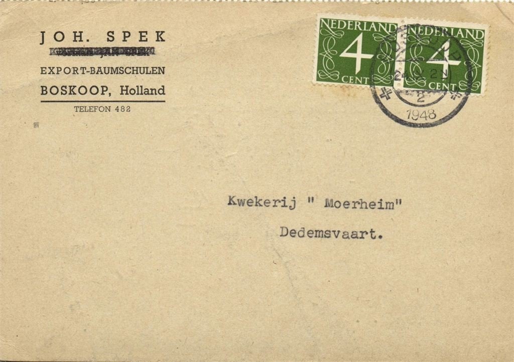Joh. Spek, Boskoop - 09.1948 - briefkaart, Ophalen of Verzenden, Briefkaart