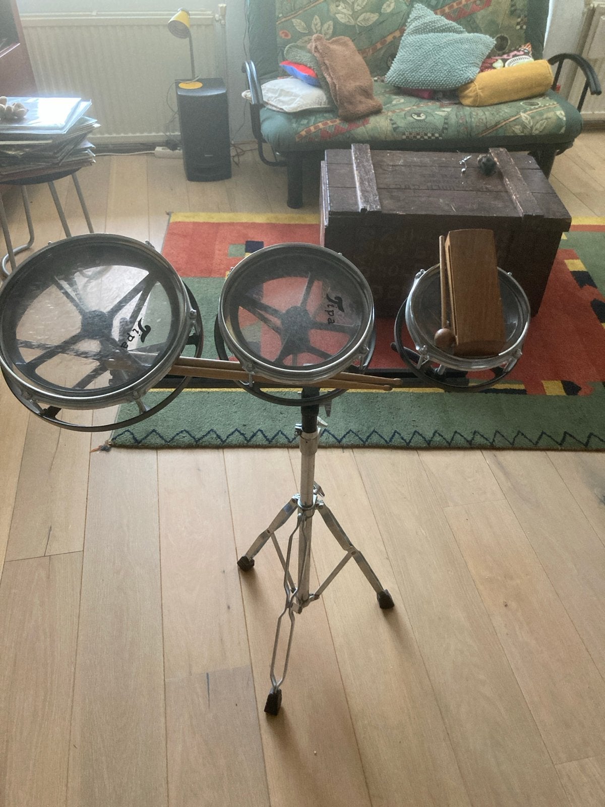 Timpales met standaard, ritmeblok en drumstokken, Ophalen, Gebruikt, Overige merken