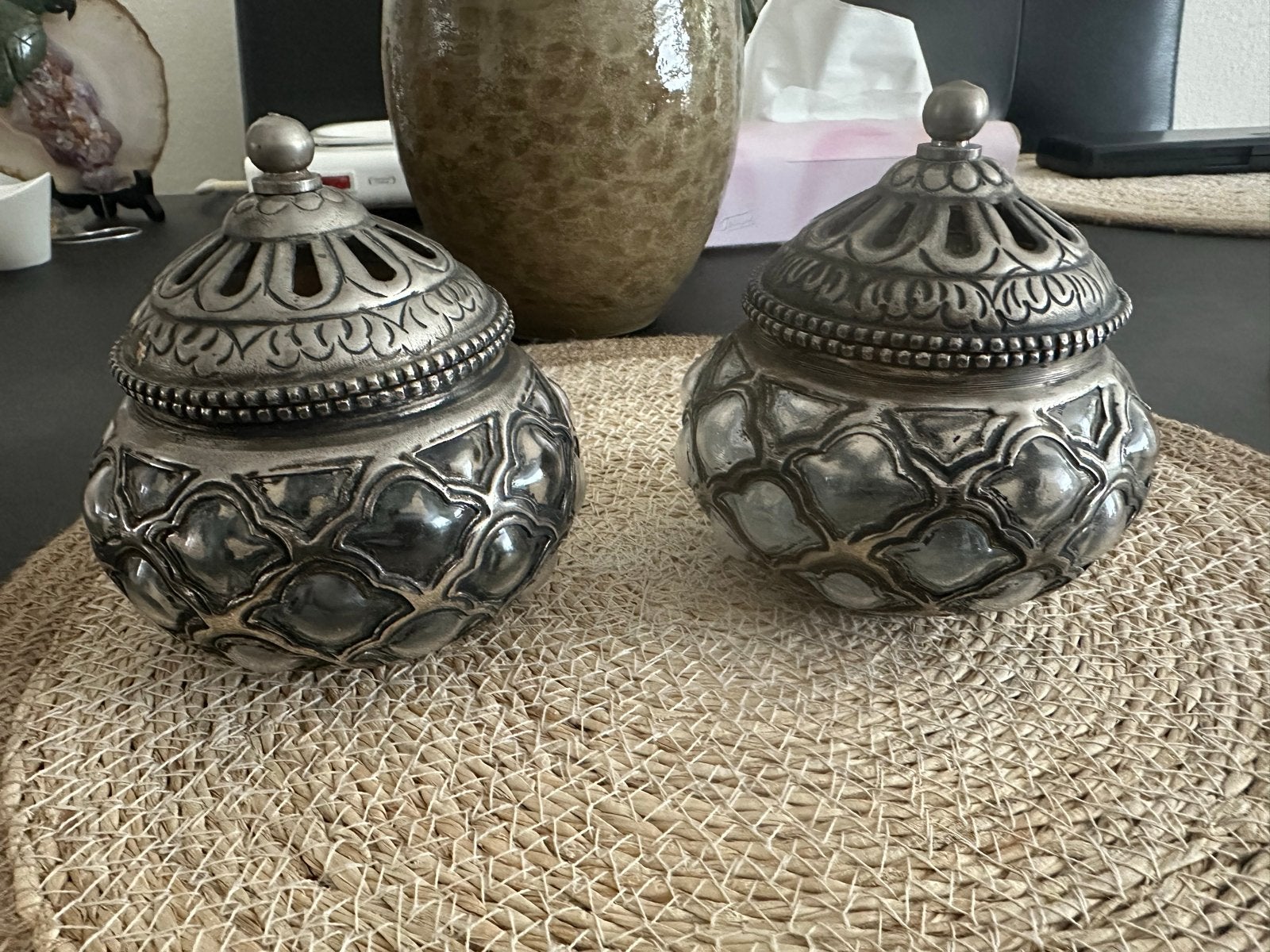Set van 2 decoratieve zilverkleurige potten met deksel, Ophalen of Verzenden