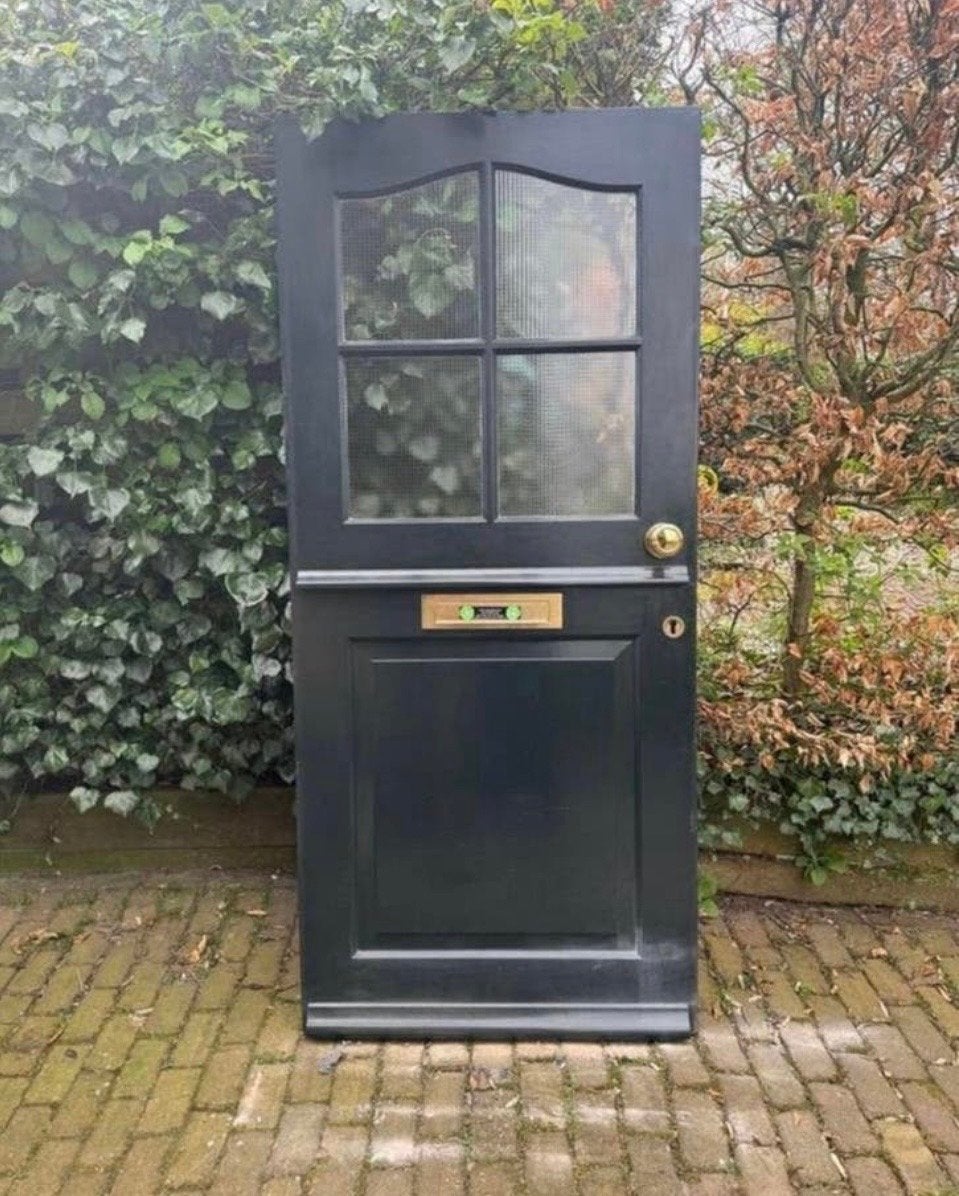 Oude massieve voordeur met glas en messing beslag, Ophalen, Gebruikt, 80 tot 100 cm, 215 cm of meer