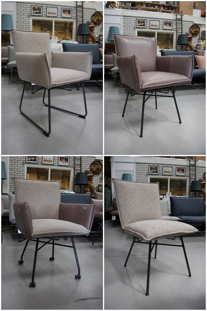 4 luxe eetkamerstoelen Sanne Jess Design leer stof naturel, Huis en Inrichting, Ophalen, Zo goed als nieuw, Leer, Vier