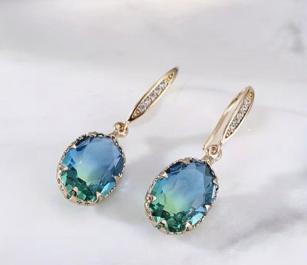 Prachtige Goudkleurige Drop Oorbellen  - Groen/Blauw, Overige materialen, Hangers, Blauw, Nieuw