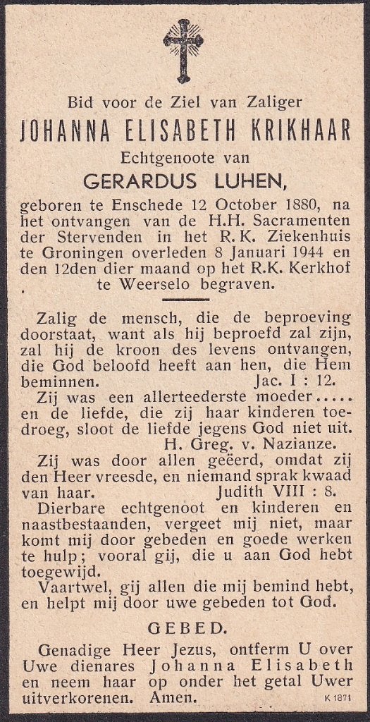 Krikhaar Johanna 1880 Enschede 1944 Groningen, Verzamelen, Ophalen of Verzenden, Bidprentje
