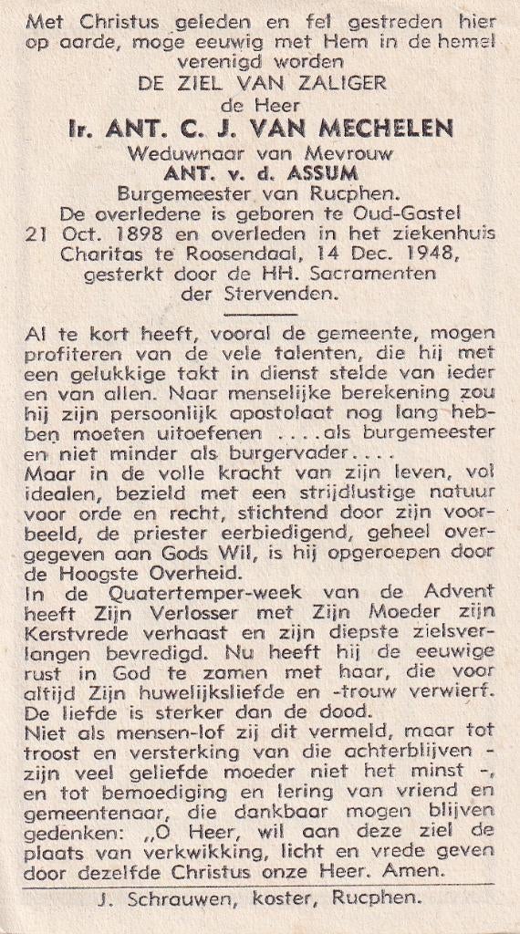 Mechelen Ant. 1898 Oud Gastel 1948 Roosendaal  Burgemeester, Ophalen of Verzenden, Bidprentje