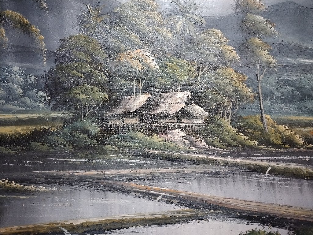 Indonesie Landschap origineel schilderij op canvas, Antiek en Kunst, Ophalen of Verzenden, Landschap, Doek