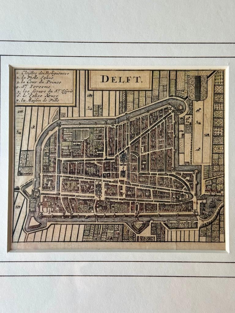 Delft kopergravure, Antiek en Kunst, Kunst | Etsen en Gravures, Ets, Handgekleurd, Ingelijst, Met passe-partout, Met tekst, Origineel
