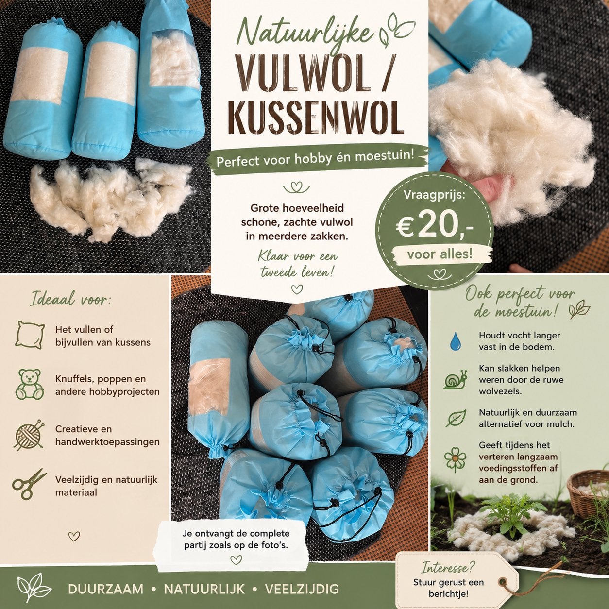 Grote partij natuurlijke vulwol / kussenwol - veelzijdig!, Ophalen, Nieuw