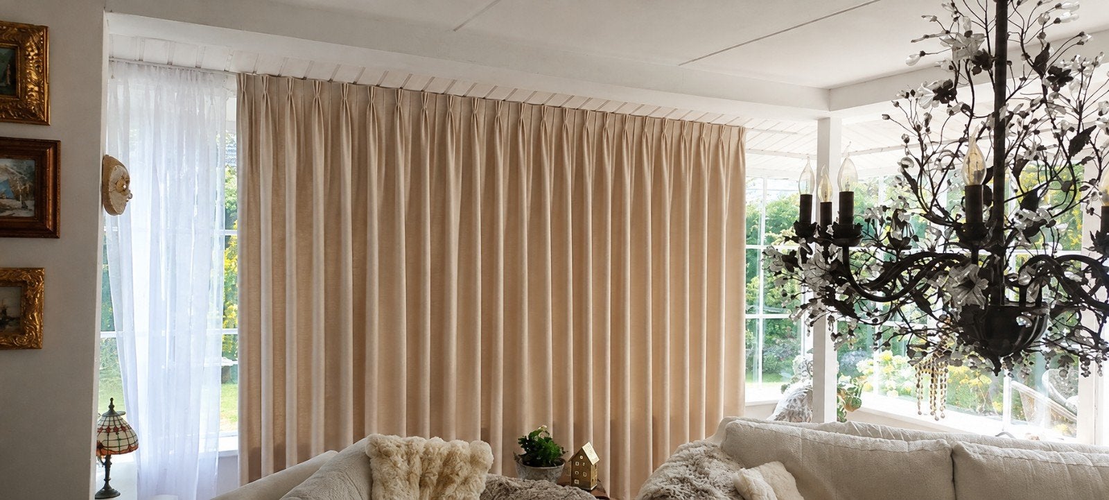 Prachtige zgan ecru overgordijnen met vlinderplooi, Overige materialen, 167 cm, Beige, Gordijn