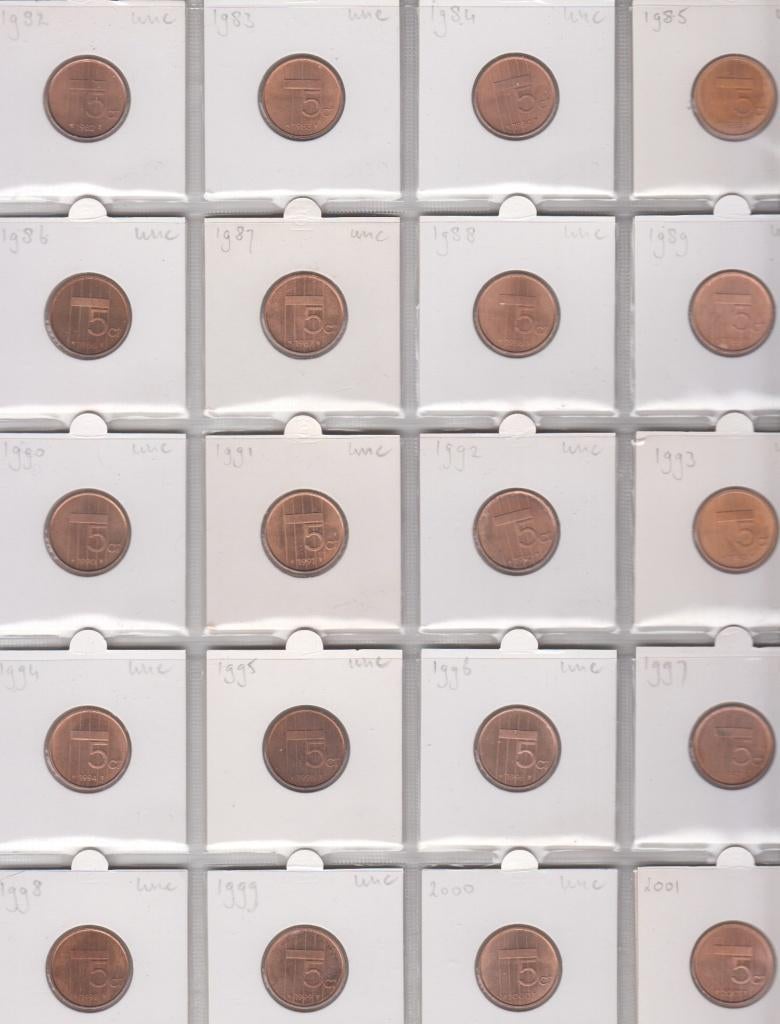 Nederland 5 cent 1982-2001 Beatrix (20 stuks) compleet UNC, Ophalen of Verzenden, Koningin Beatrix, 5 cent, Setje