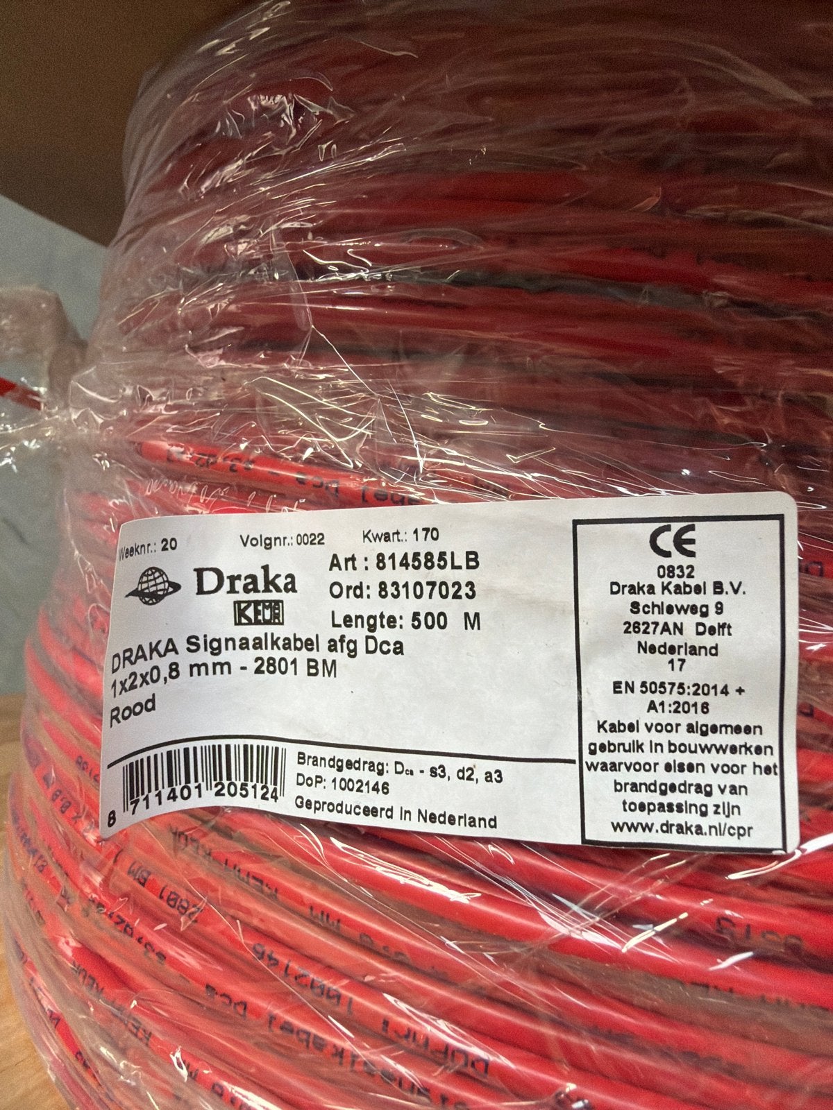Signaalkabel rood 1x2x0,8mm - Draka, Ophalen of Verzenden, Nieuw, Draka, Kabel of Snoer