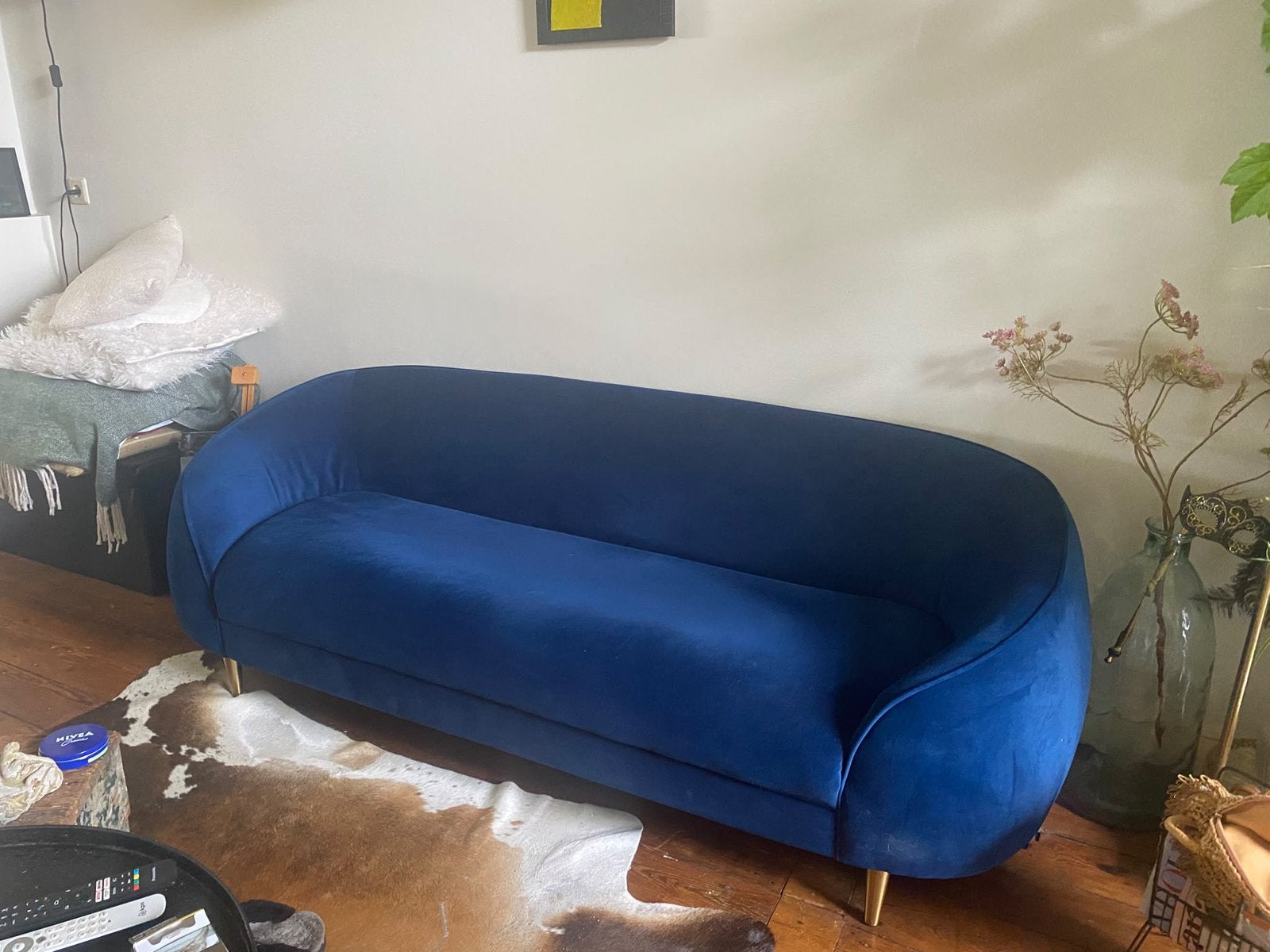 Blauwe fluwelen/velvet/velours bank 2-3zit, Metaal, Ophalen of Verzenden, Zo goed als nieuw, 200 tot 250 cm