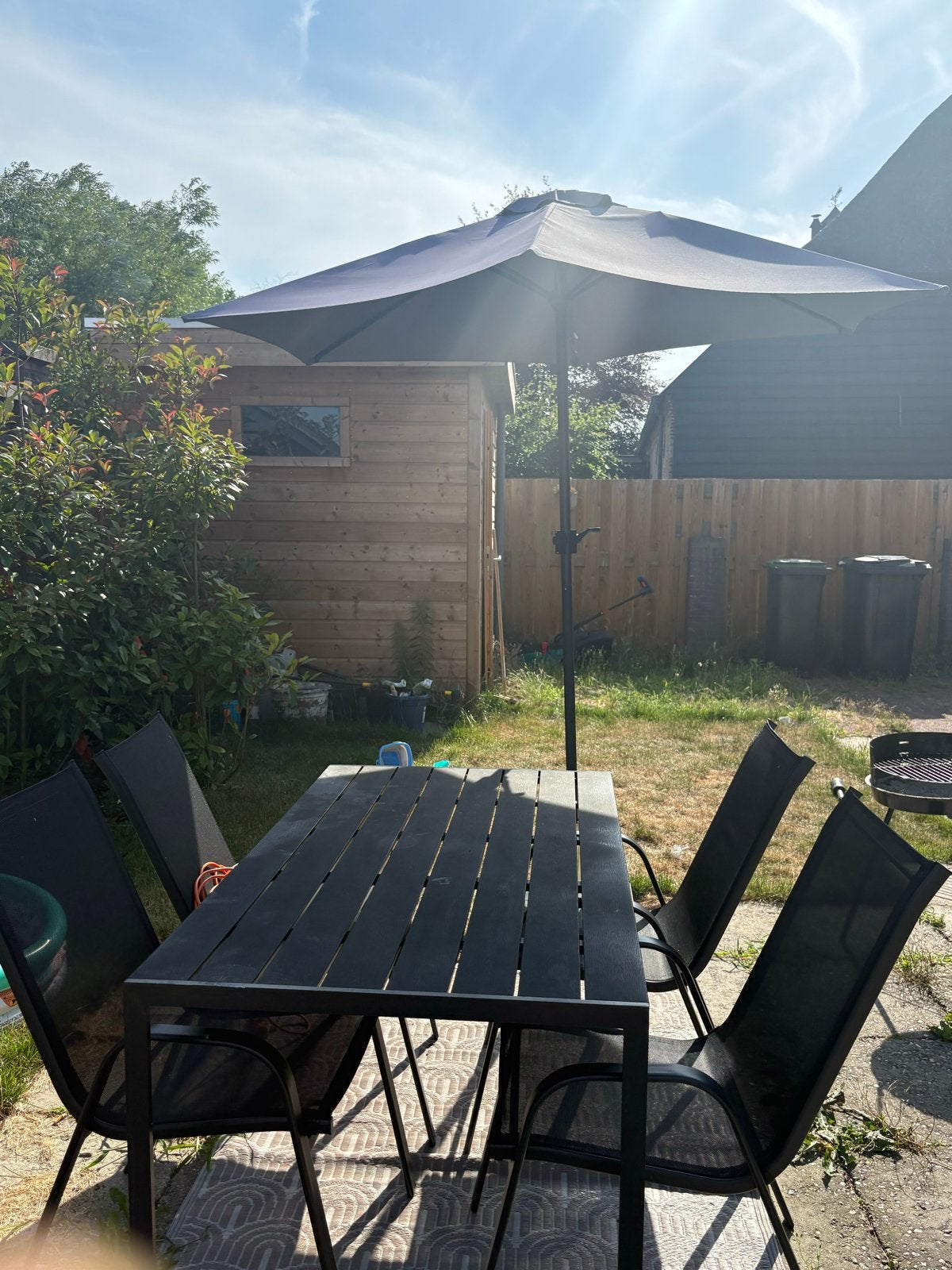 Tuinset met 4 stoelen en parasol, Ophalen, 4 zitplaatsen, Gebruikt, Eettafel