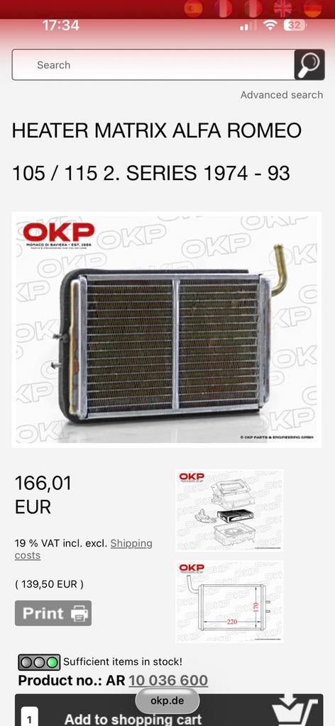 Okp kachel radiator alfa 105, 2e serie, Ophalen of Verzenden, Nieuw, Alfa Romeo