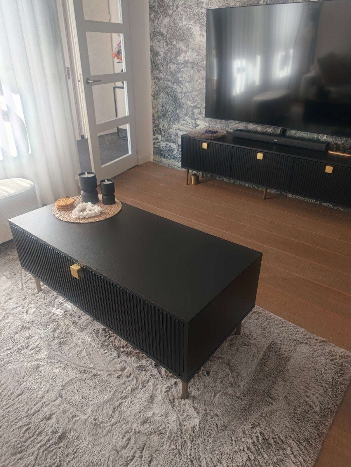 Salontafel (120cm) & TV meubel (180cm) zwart met goud, Huis en Inrichting, Tafels | Salontafels, Ophalen