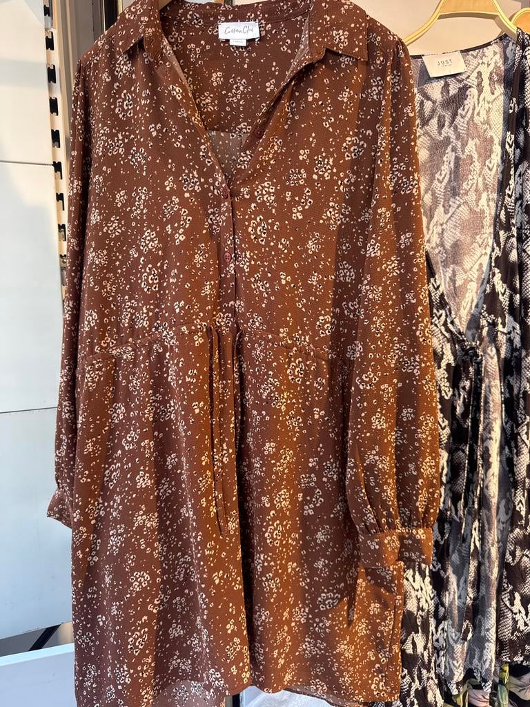 Cotton Club Jurk Bruin met Bloemenprint Maat L, Bruin, Maat 42/44 (L), Ophalen of Verzenden, Zo goed als nieuw