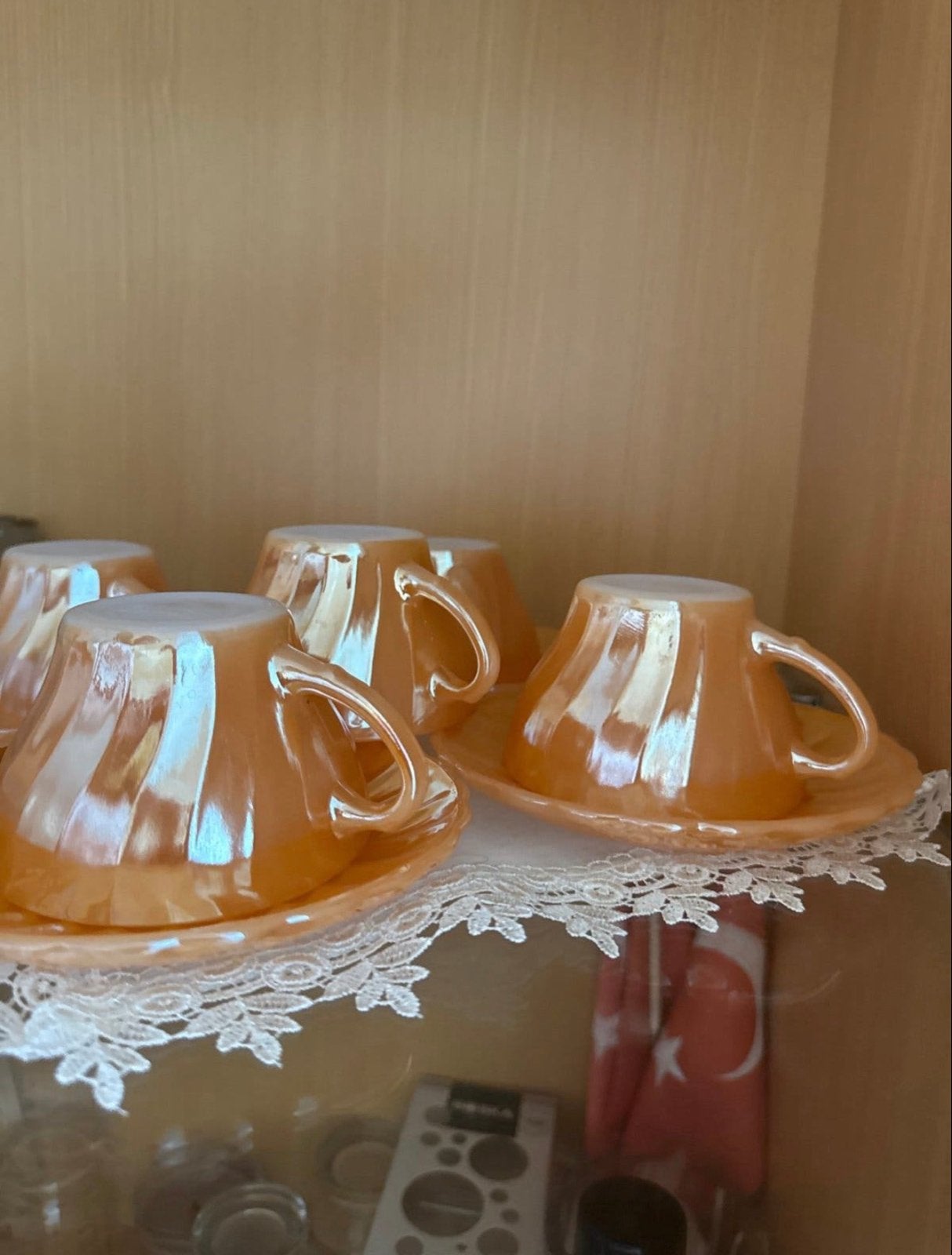 Vintage Anchor Hocking Suburbia Perzik Lustre Kopjes & Schot, Ophalen