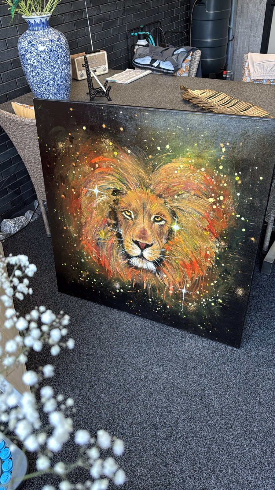 Schilderij: Leeuw in de Kosmos - Levendige Acryl op Doek, Ophalen, Acrylverf, Doek, Expressionistisch