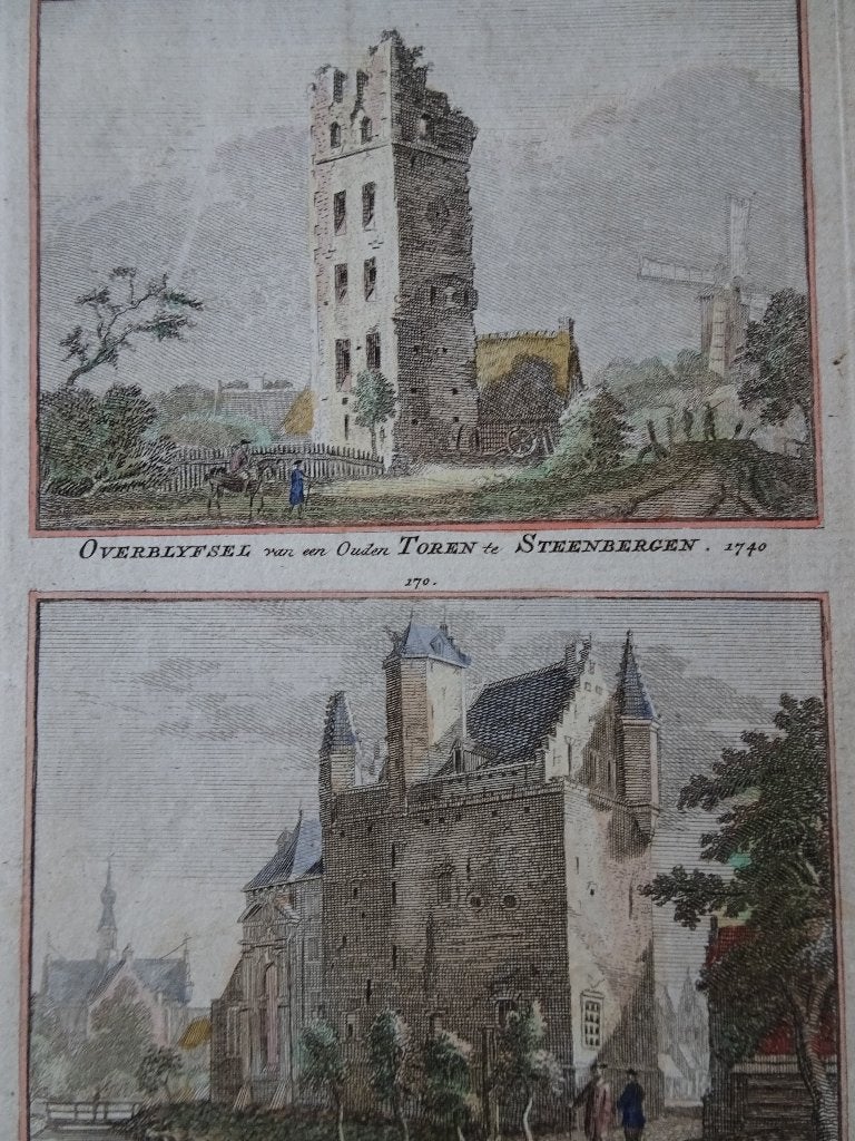 gravure kleur toren stadhuis kerk Steenbergen Spilman 1750, Antiek en Kunst, Dubbele gravure, Stadsgezicht, Ophalen of Verzenden
