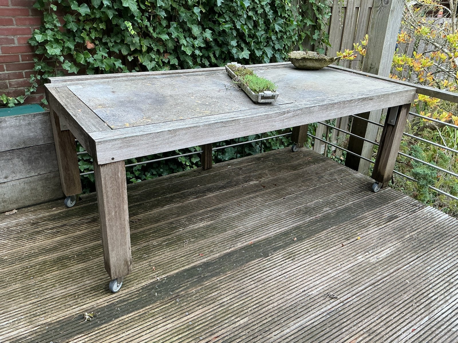 Mooie grote hardhouten tuintafel met natuurstenen bladen, Ophalen, Gebruikt, Rechthoekig, Hout