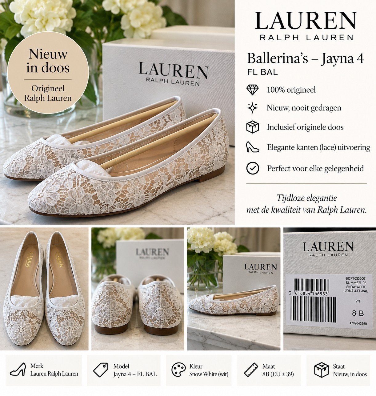 Ralph Lauren Jayna Ballerina's - Nieuw in doos, Wit, Nieuw, Ralph Lauren, Ballerina's