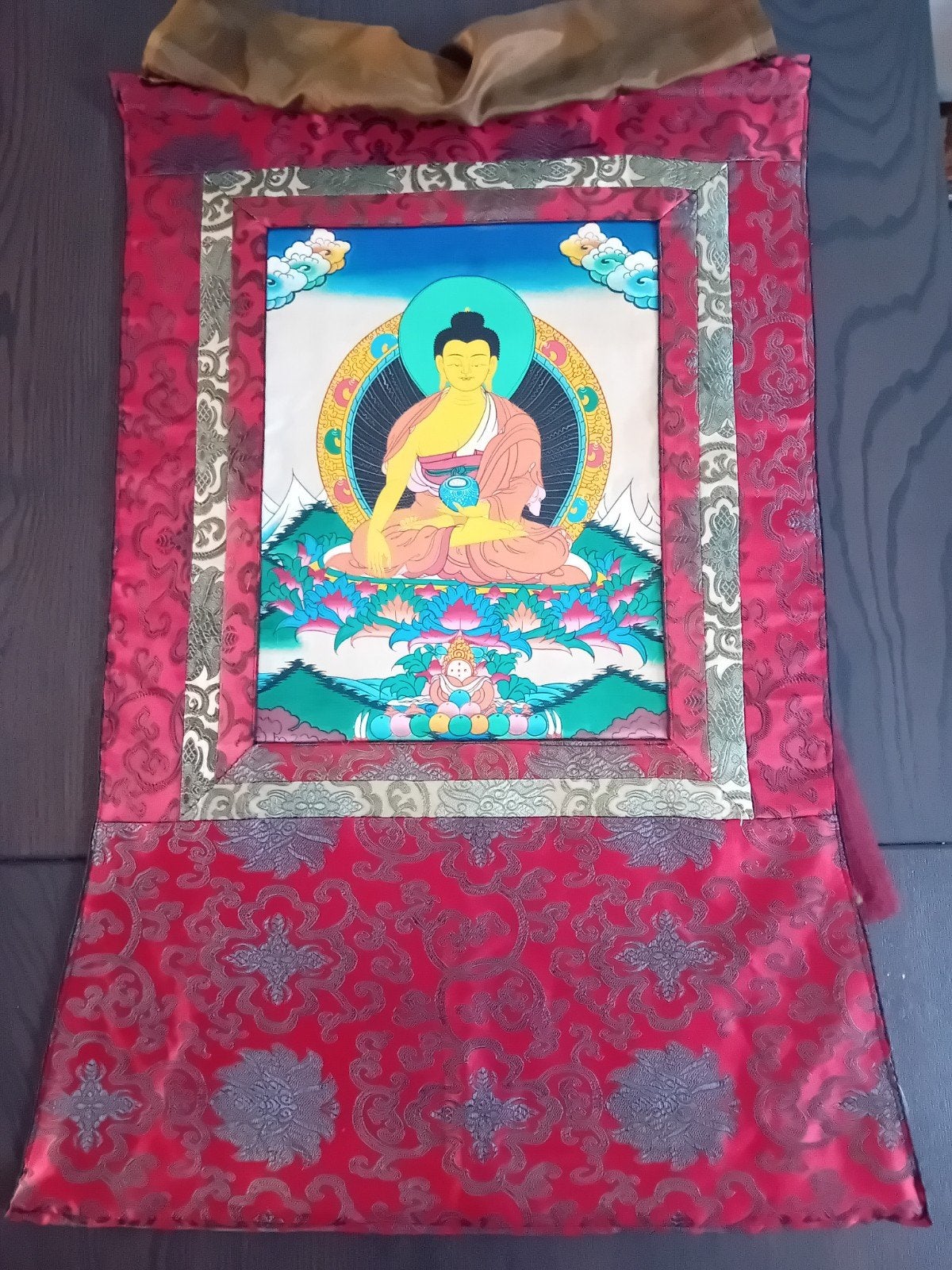 Handgemaakte Tibetaanse Thanka met Boeddha, Tibet, Handgemaakt, Meerkleurig, Wanddecoratie