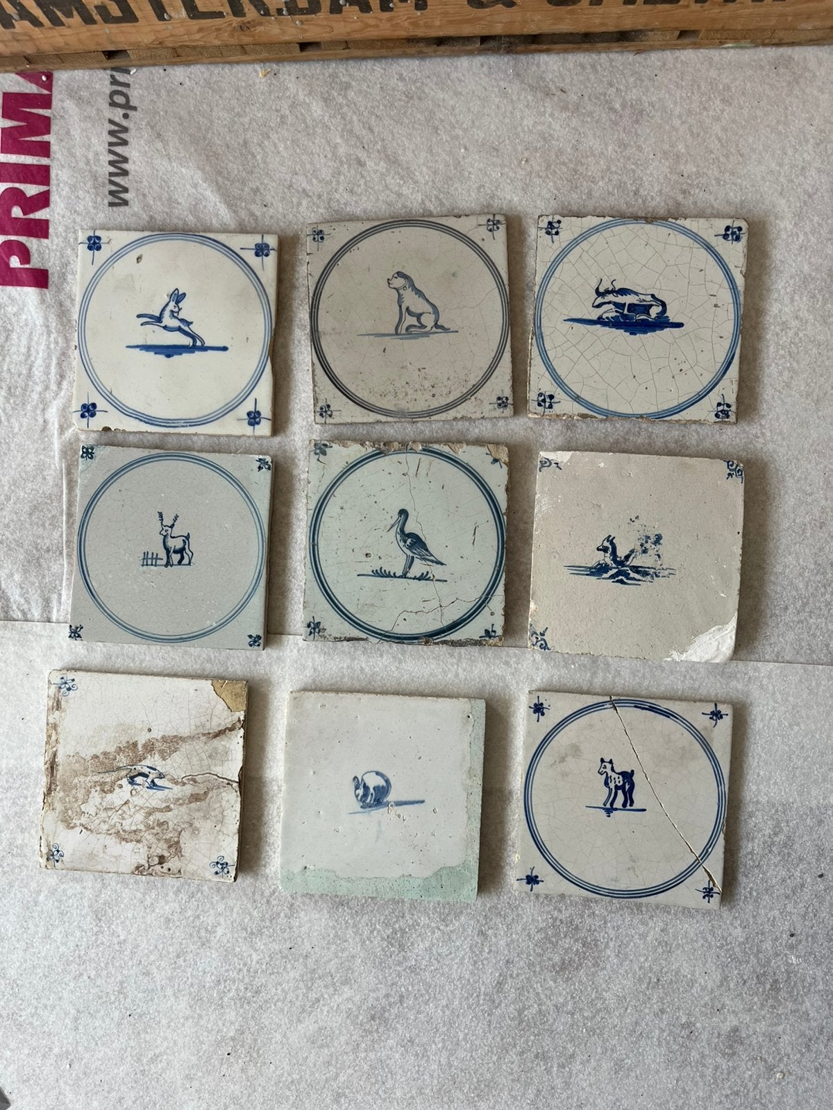 Antieke Hollandse Delfts Blauwe Tegels met Dieren (9 stuks), Verzenden