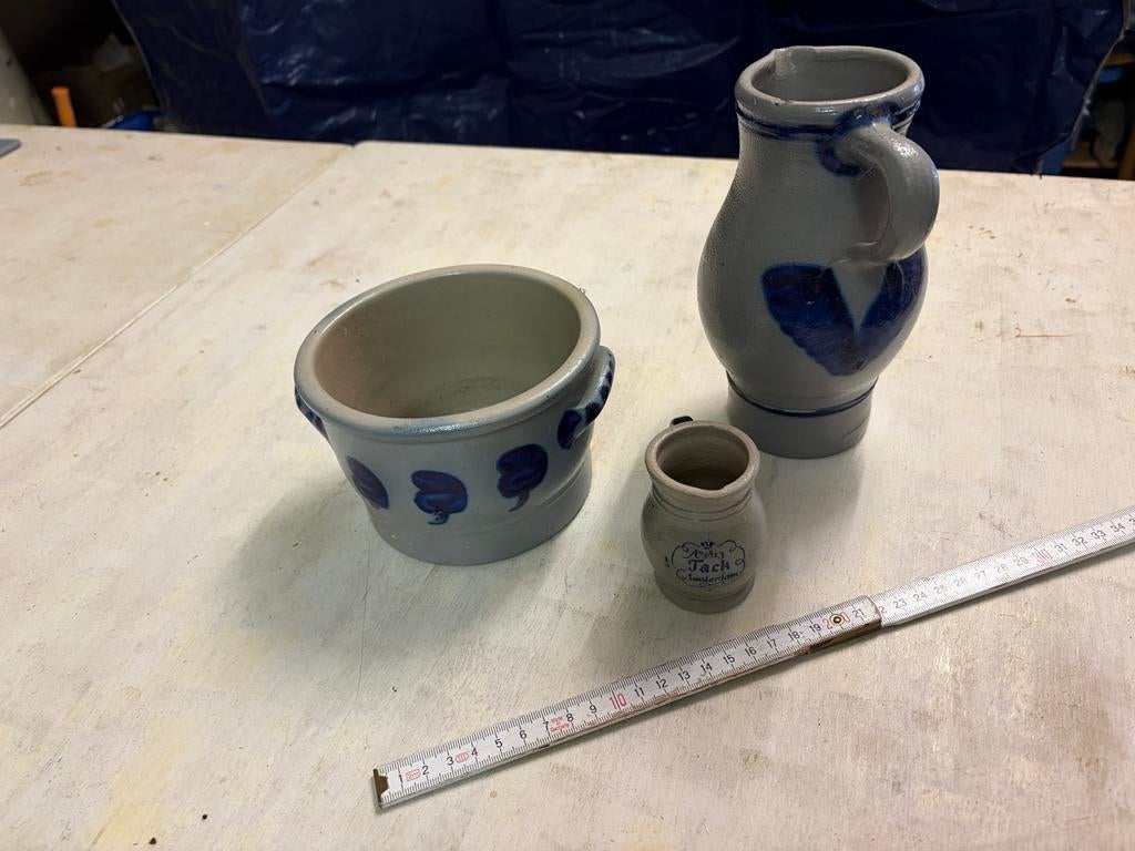 Vintage aardewerk set: kruik, pot en klein vaasje, Ophalen