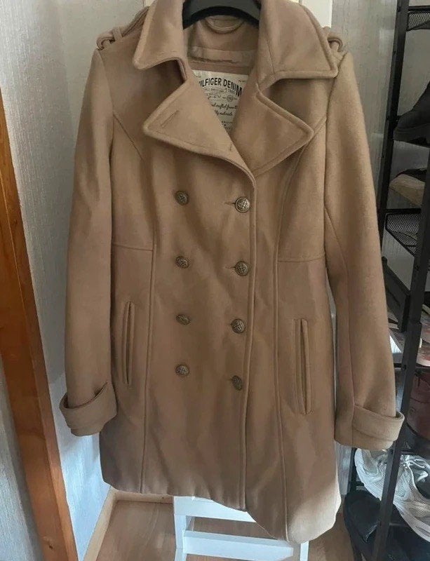 Tommy Hilfiger mante jas beige maat L, Beige, Maat 42/44 (L), Ophalen of Verzenden, Gedragen