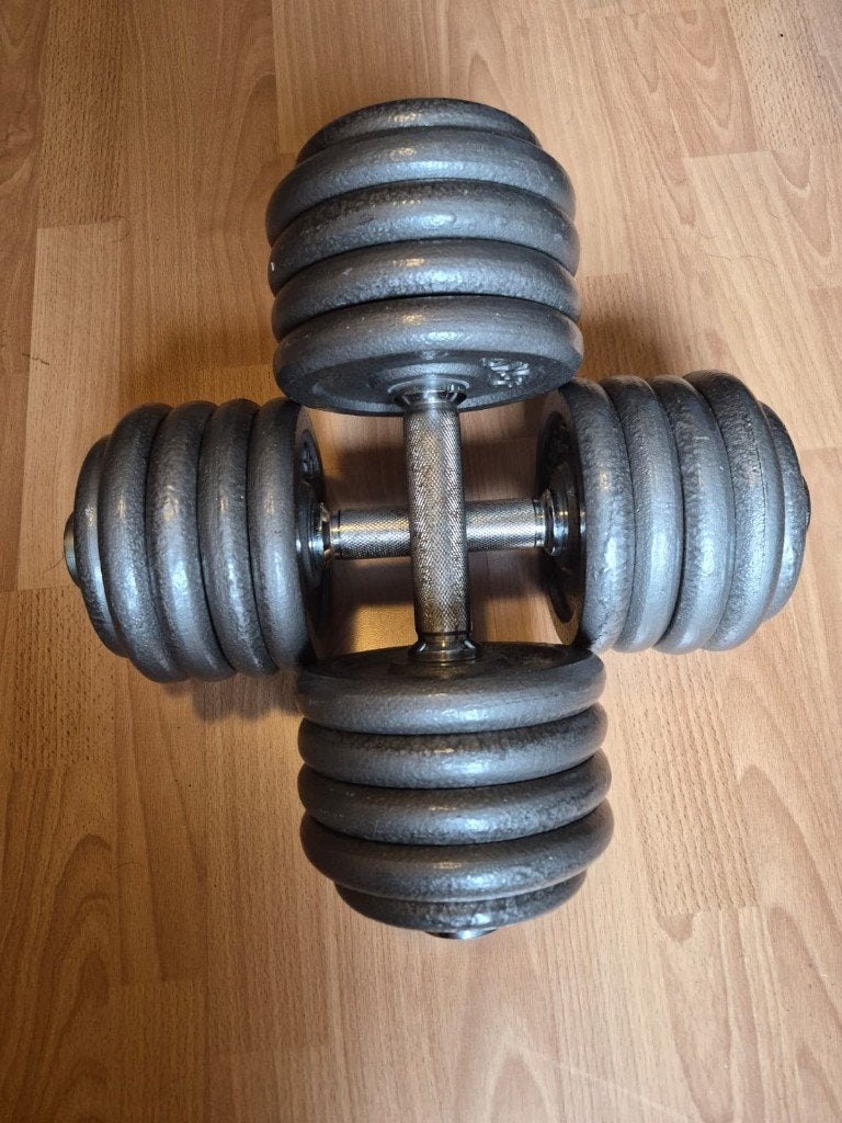 2x25kg verstelbare gietijzeren Dumbells +Tectake Halterbank, Ophalen, Benen, Gebruikt, Krachtstation