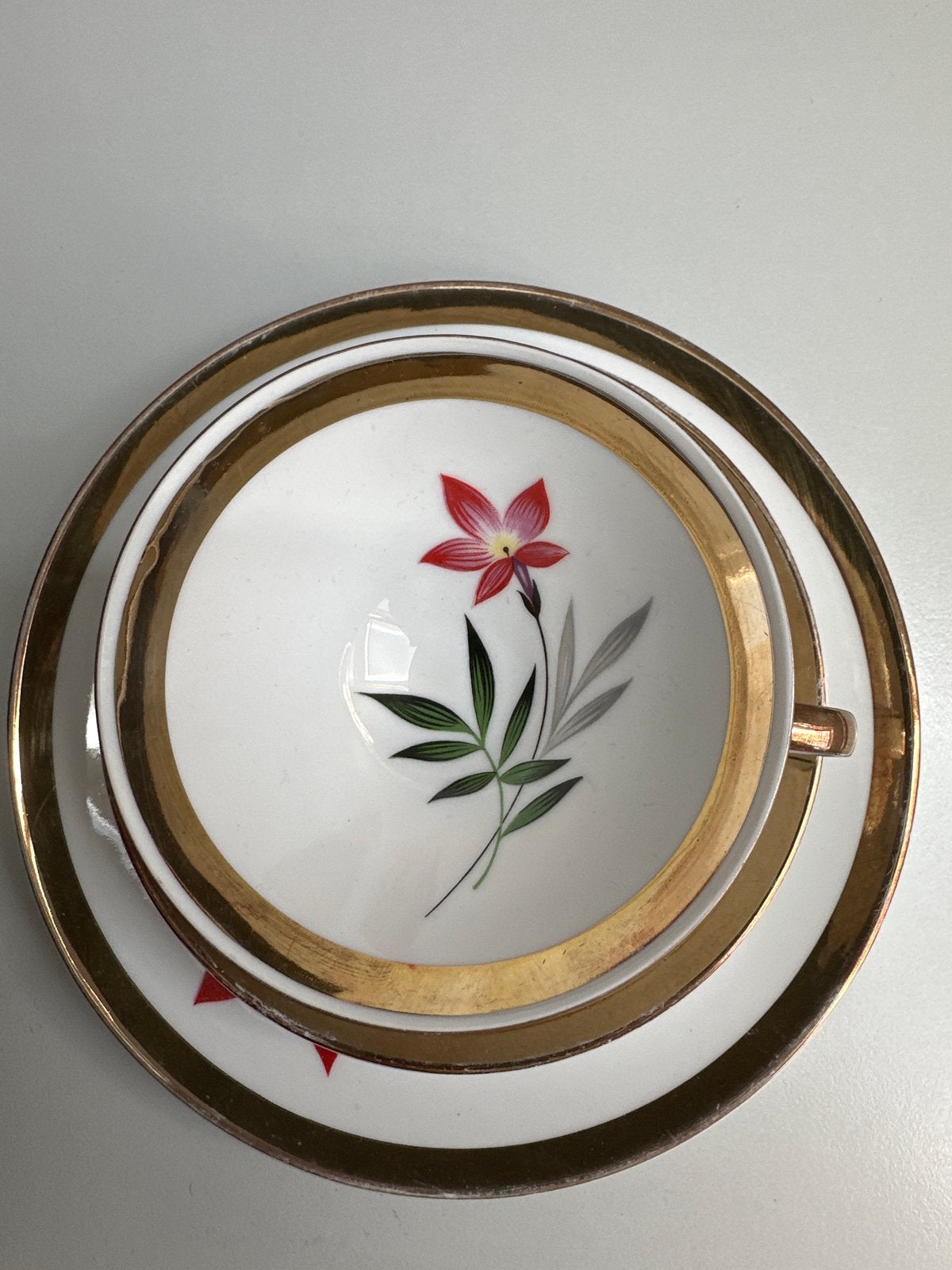 Vintage theekopje met schotel en gebaksbordje, bloemmotief, Antiek en Kunst, Ophalen