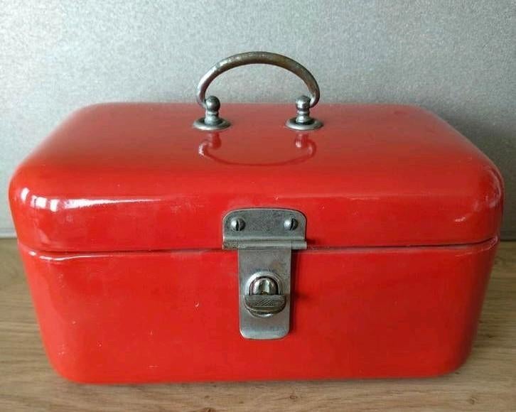 ROOD EMAILLE MINI BROODTROMMEL*KOEKTROMMEL, Antiek en Kunst, Antiek | Emaille, Verzenden