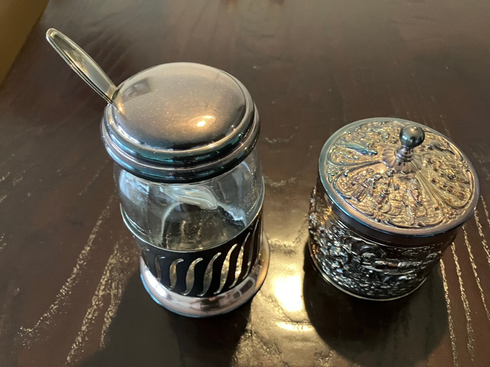 Antieke zilver kleur suikerpot en mosterdpot, Antiek en Kunst, Ophalen, Zilver