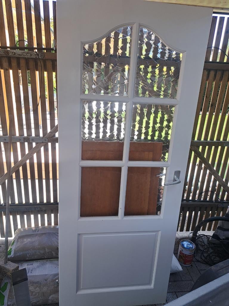 Massief houten opdek-binnendeur met sierglas, Doe-het-zelf en Verbouw, Deuren en Horren, Ophalen, Binnendeur, 200 tot 215 cm