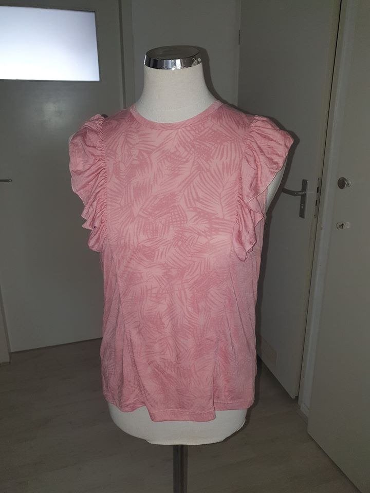 Roze top met ruches en bladprint maat L, Kleding | Dames, Tops, Maat 42/44 (L), Ophalen of Verzenden, Zo goed als nieuw, Roze