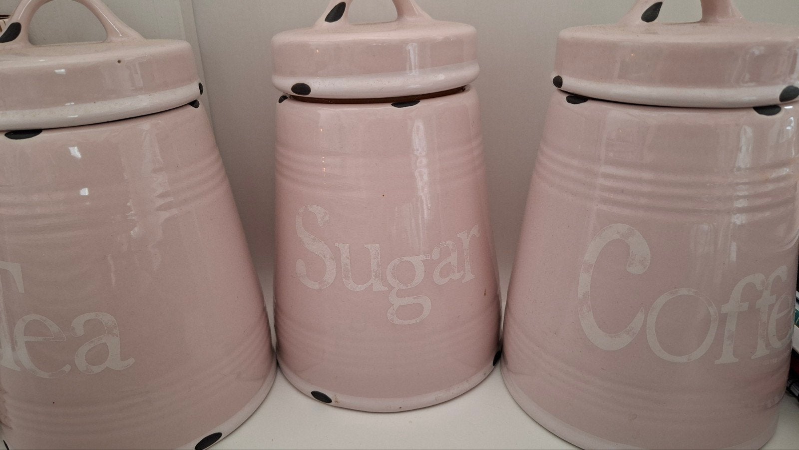3 Roze zware potten koffie thee suiker, Ophalen of Verzenden, Zo goed als nieuw