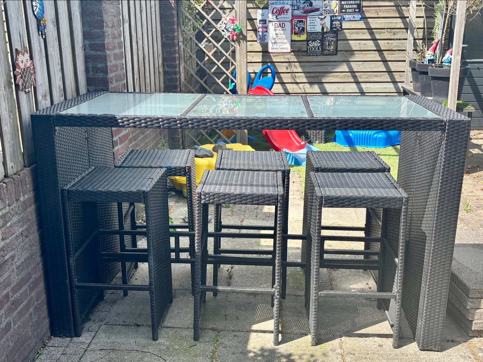 Bartafel met 6 krukken voor in de tuin, Ophalen, Gebruikt, Eettafel, 6 zitplaatsen