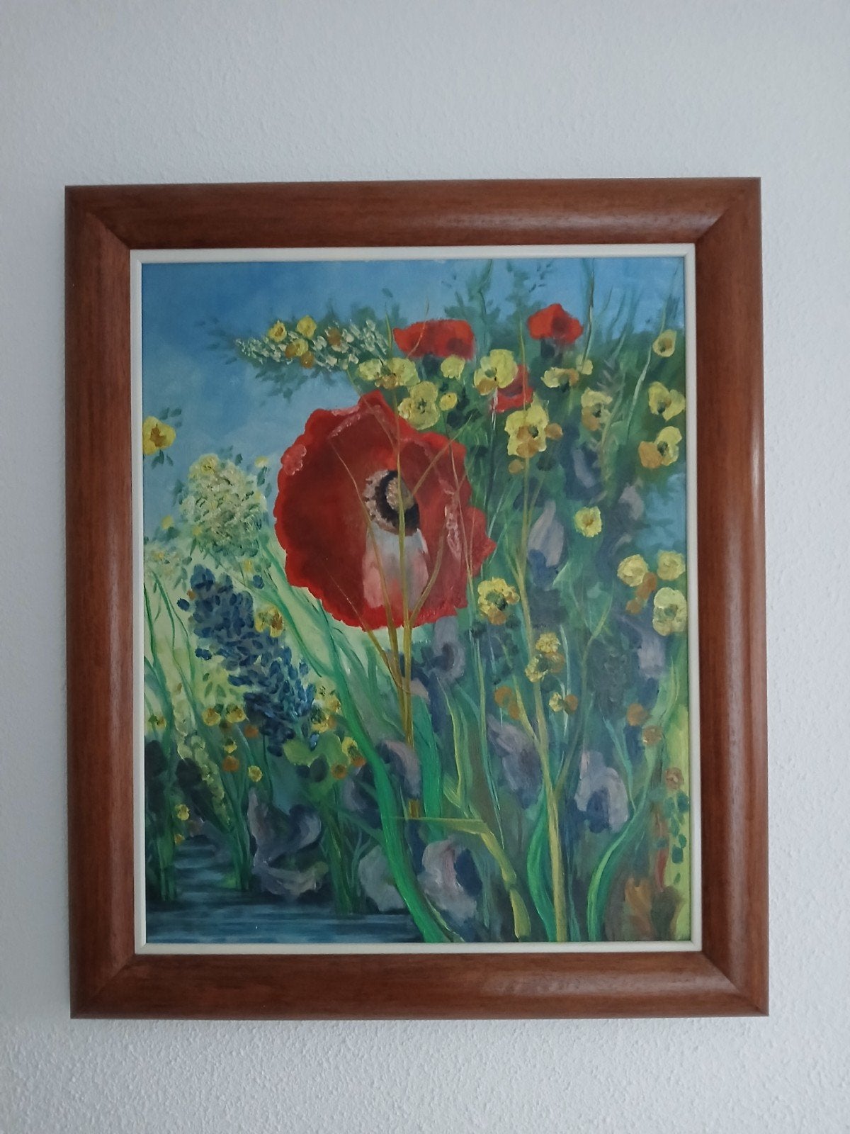 Schilderij met klaprozen en wilde bloemen, 60x50 cm, Doek, Realistisch, Olieverf, Handgeschilderd