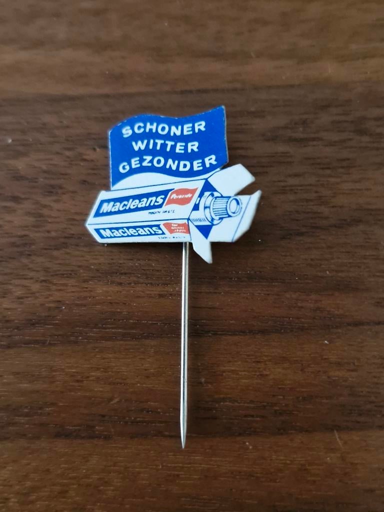 5Vintage Macleans Tandpasta Reclame Speldje - Schoner Witter, Verzamelen, Speldjes, Pins en Buttons, Ophalen of Verzenden, Gebruikt