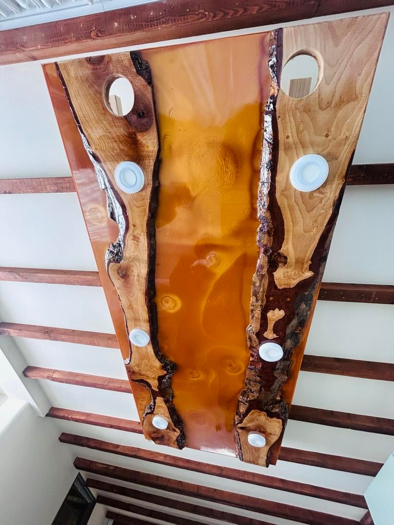 Unieke handgemaakte plafondlamp van hout en epoxy, Ophalen, Zo goed als nieuw, Hout