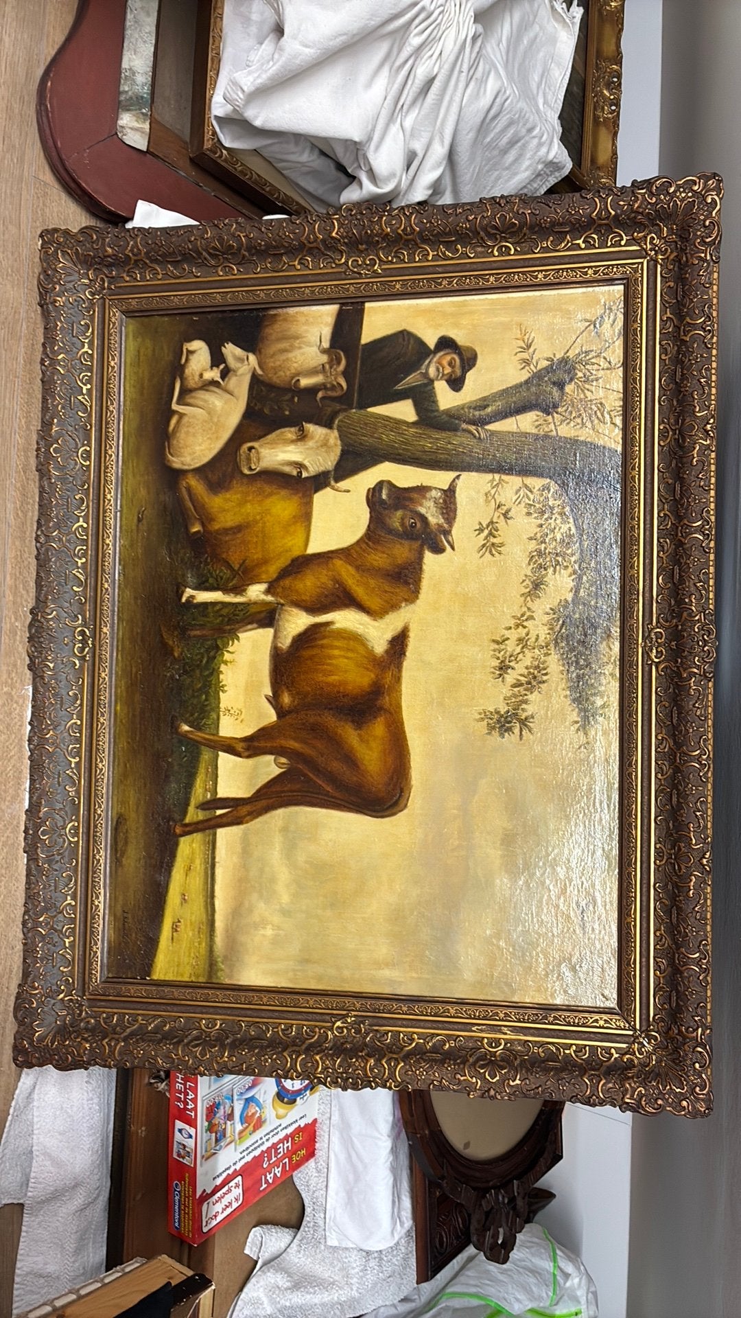 Antiek olieverf schilderij op doek, Ophalen, Doek, Bijzondere lijst, Dieren