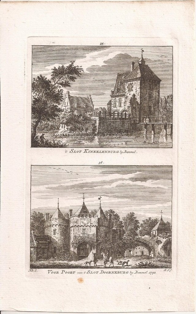 Bemmel 't Slot Kinkelenburg & Voor Poort 't Slot Doornenburg, Origineel, Stadsgezicht, Ophalen of Verzenden, Gravure