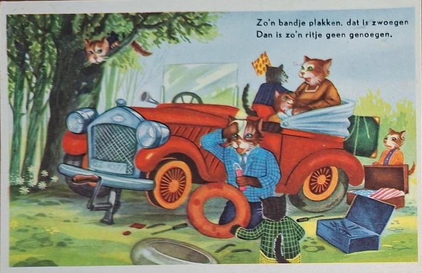 1953- Poezen hebben lekke band met de auto, Verzenden, 1940 tot 1960, Gelopen, Kinderen