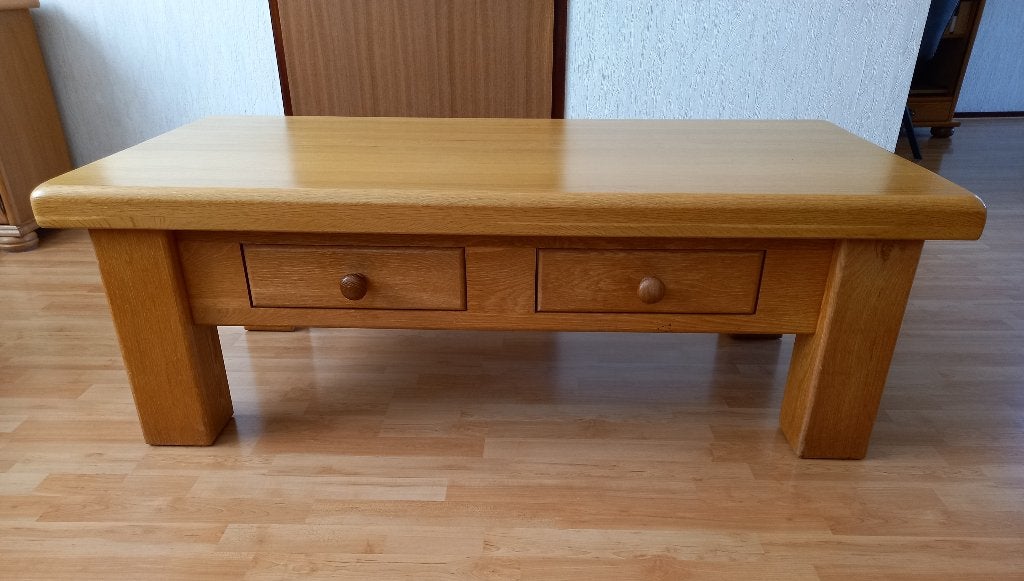 Massief blank eiken Salontafel met 2 laden, Ophalen, Gebruikt, 100 tot 150 cm, 50 tot 100 cm