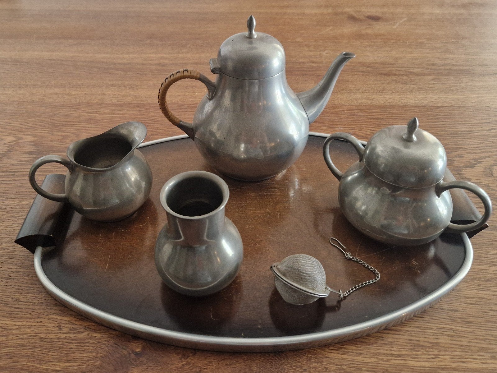Vintage tinnen theeservies op dienblad, C&K Tiel Holland, Antiek en Kunst, Antiek | Tin, Ophalen