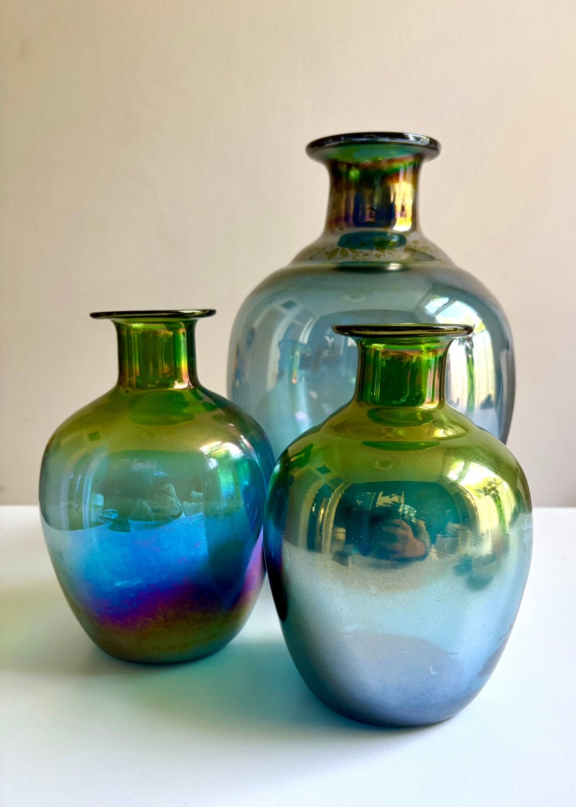 Prachtige set vintage mondgeblazen iriserende vazen van glas, Ophalen of Verzenden
