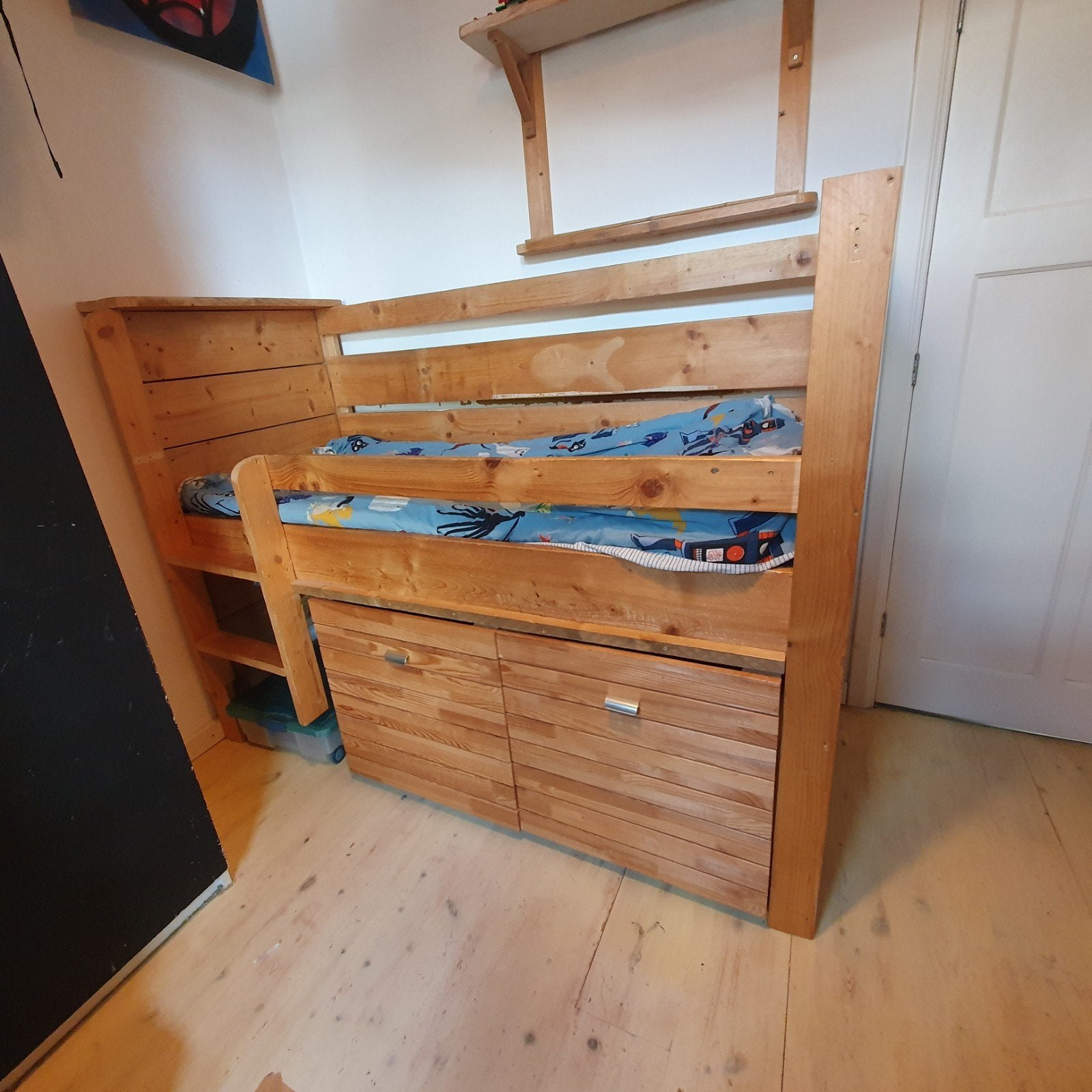 Op maat gemaakte hoogslaper stijgerhout 180×70 met opbergvak, Huis en Inrichting, Slaapkamer | Bedden, Gebruikt, Eenpersoons, 80 cm