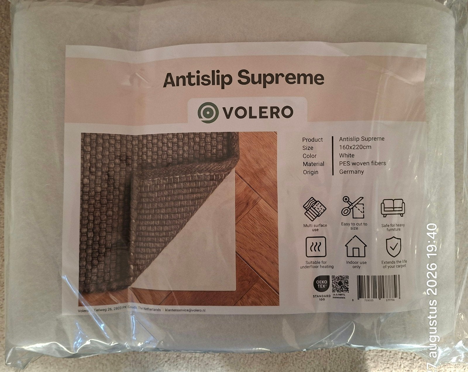 Volero Antislip Supreme Ondertapijt 160x220cm Wit, Huis en Inrichting, Stoffering | Tapijten en Kleden, Wit, 150 tot 200 cm, Ophalen of Verzenden
