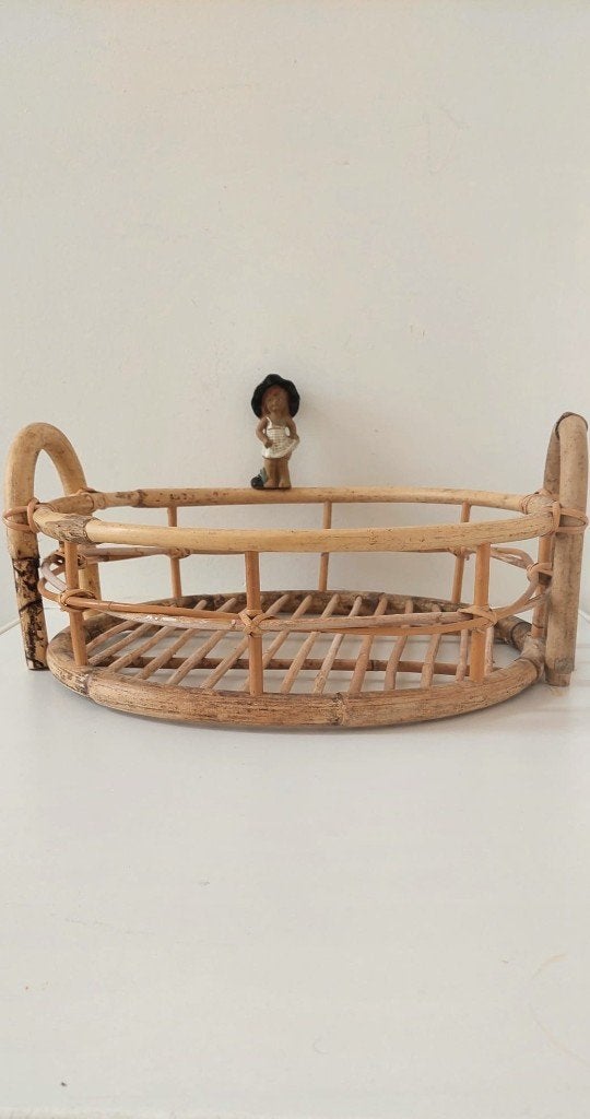 Vintage rotan bamboe ratan mand dienblad met handgrepen, Eu, Gebruikt, Eu, Rond