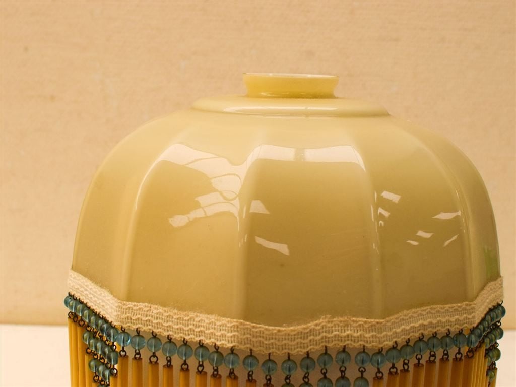 Lampenkap met franje 51936, Ophalen of Verzenden, Gebruikt, Beige, Rond
